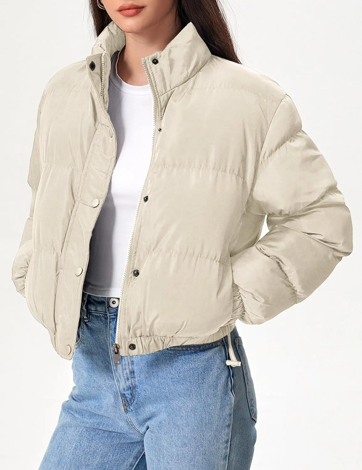 Flygo Womens Lightweight Quilted Jacket Long Sleeve Stand Collar Zipper Cropped Puffer Jacket Warm Winter Coat