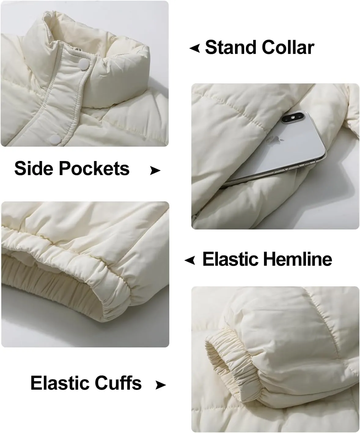 Flygo Womens Lightweight Quilted Jacket Long Sleeve Stand Collar Zipper Cropped Puffer Jacket Warm Winter Coat