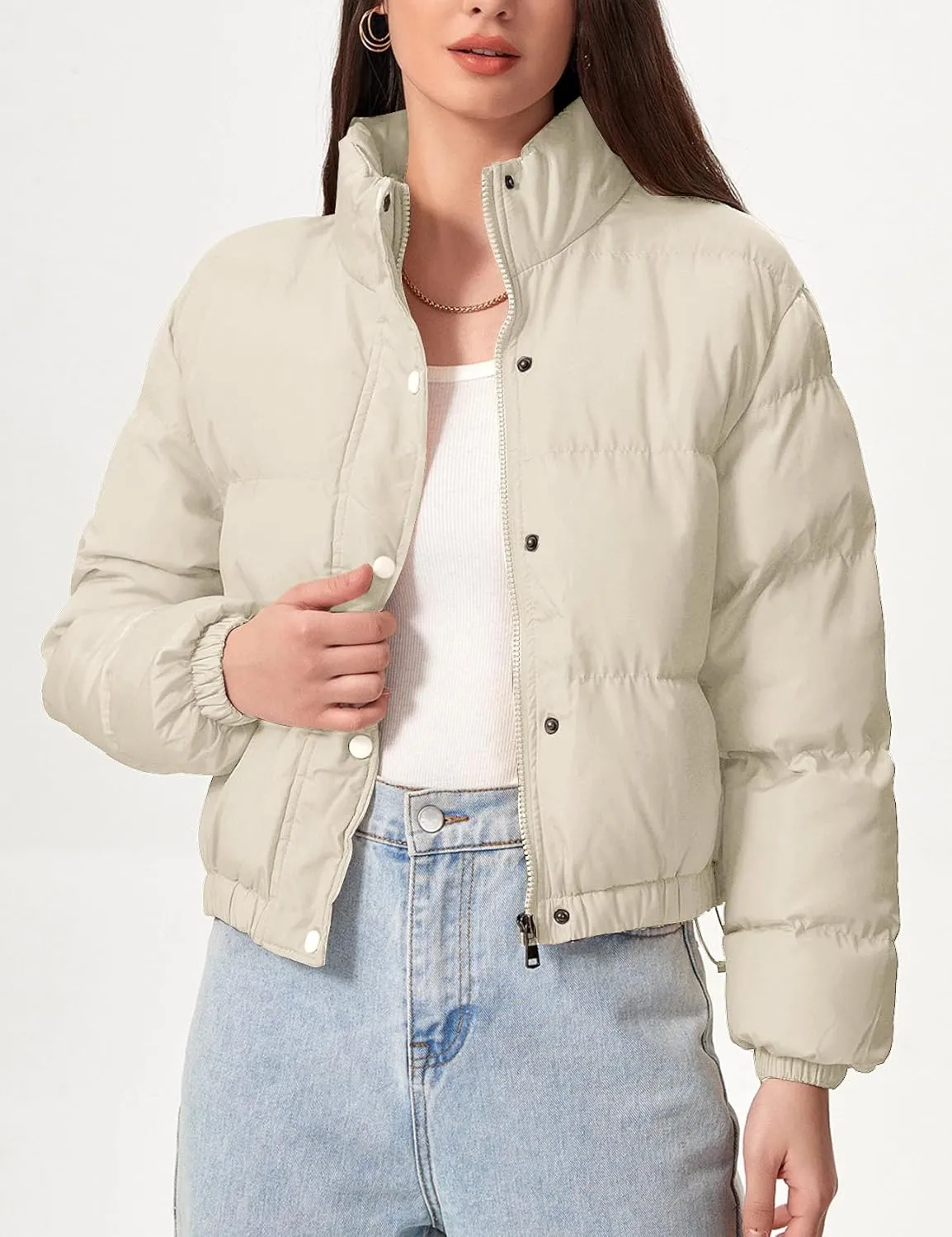 Flygo Womens Lightweight Quilted Jacket Long Sleeve Stand Collar Zipper Cropped Puffer Jacket Warm Winter Coat