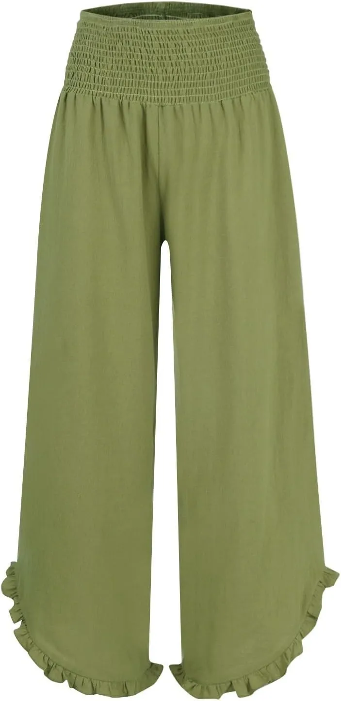 GOFULY Linen Palazzo Pants for Women Wide Leg Cute Summer Trousers Pants High Waisted Elastic Waist Comfy Clothes Pockets