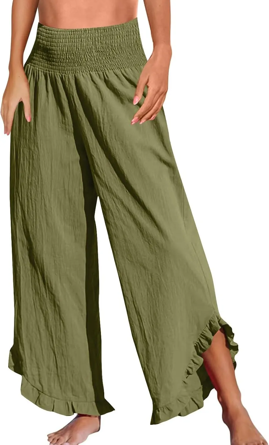 GOFULY Linen Palazzo Pants for Women Wide Leg Cute Summer Trousers Pants High Waisted Elastic Waist Comfy Clothes Pockets