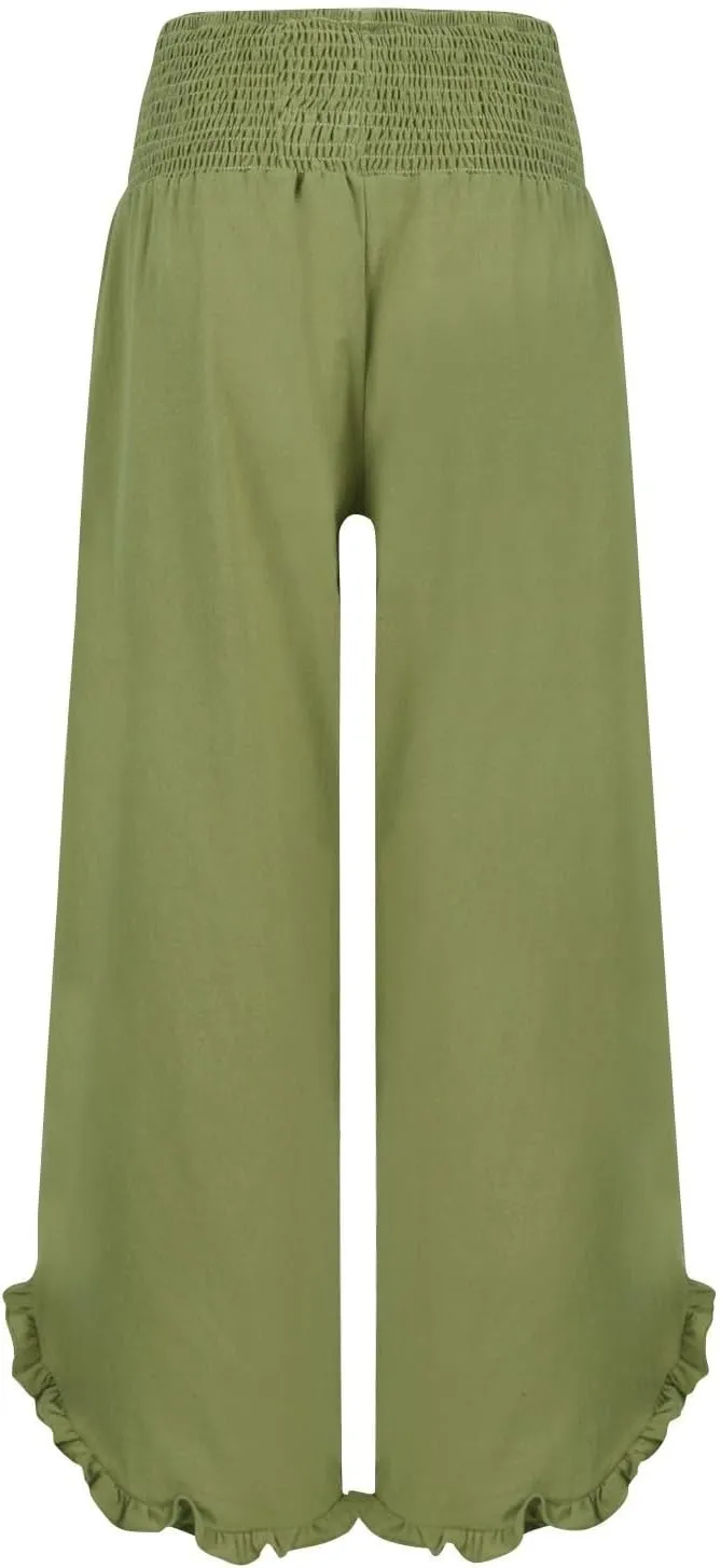 GOFULY Linen Palazzo Pants for Women Wide Leg Cute Summer Trousers Pants High Waisted Elastic Waist Comfy Clothes Pockets