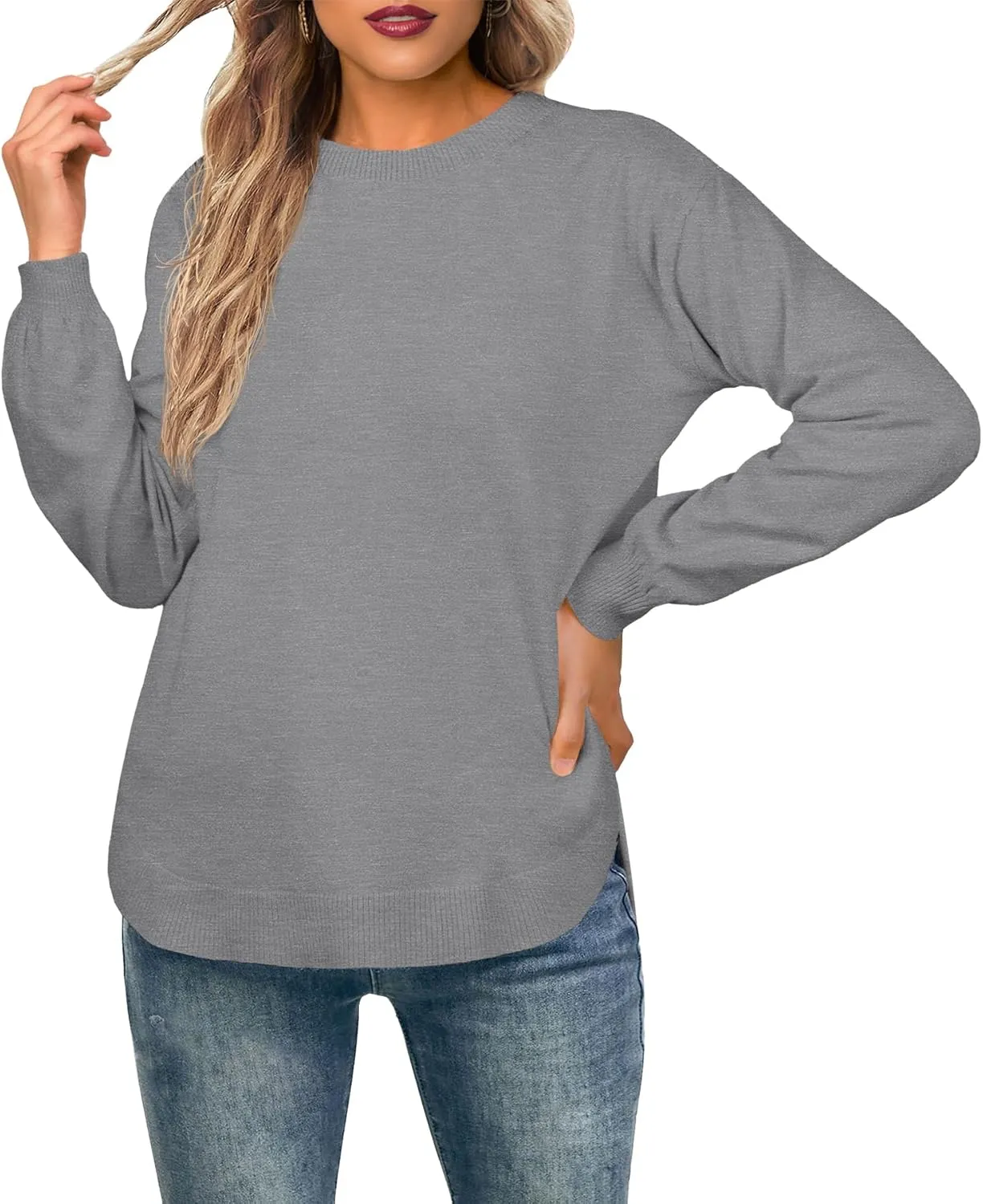 GRECERELLE Womens Long Sleeve Lightweight Crewneck Sweater Tops Casual Soft Knit Pullover Jumper