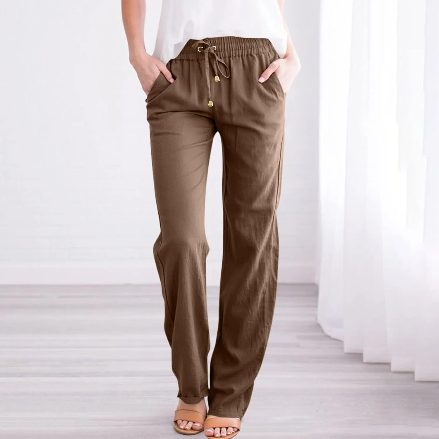 Gumipy Womens Casual Linen Pants Drawstring High Waisted Straight Leg Trousers Pants Trendy Loose Lounge Pants with Pockets
