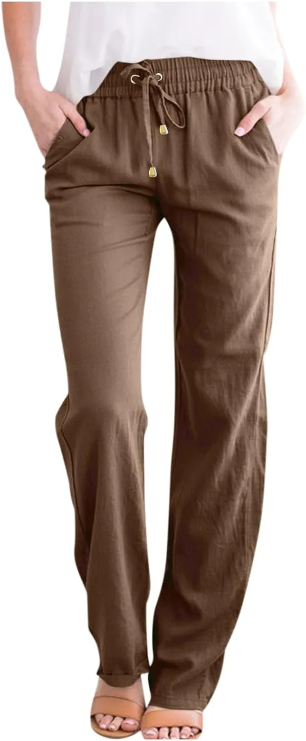 Gumipy Womens Casual Linen Pants Drawstring High Waisted Straight Leg Trousers Pants Trendy Loose Lounge Pants with Pockets