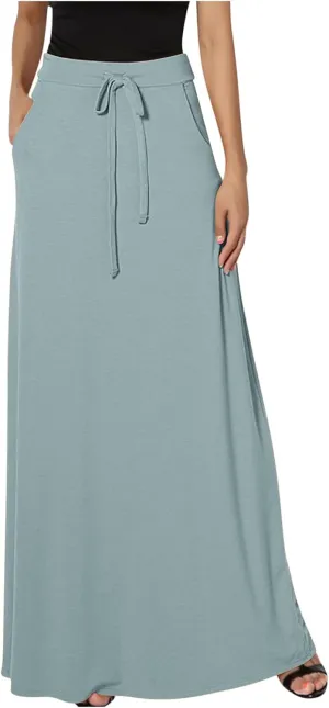 HGps8w Women's Loose Flare Maxi Skirts Elastic High Waist Drawstring Casual Solid Color Ankle Long Skirt with Pockets