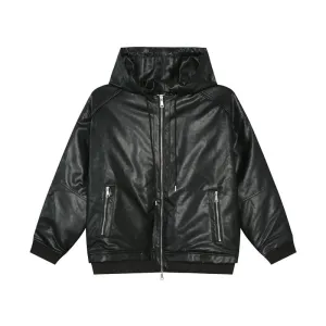 High Street Men's Padded Jackets Hooded Drawstring Solid Color PU Leather Zipper Patchwork Casual Male Cotton Coats 9C8976