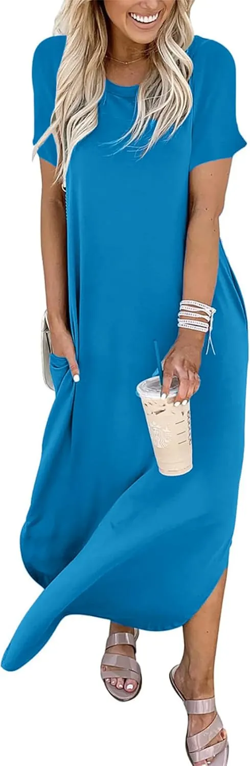 INKOFF Women Maxi Summer Dress Split Sundress Loose Casual Soft Shirt Dress Beach Trendy Vacation Outfit Resort Wear