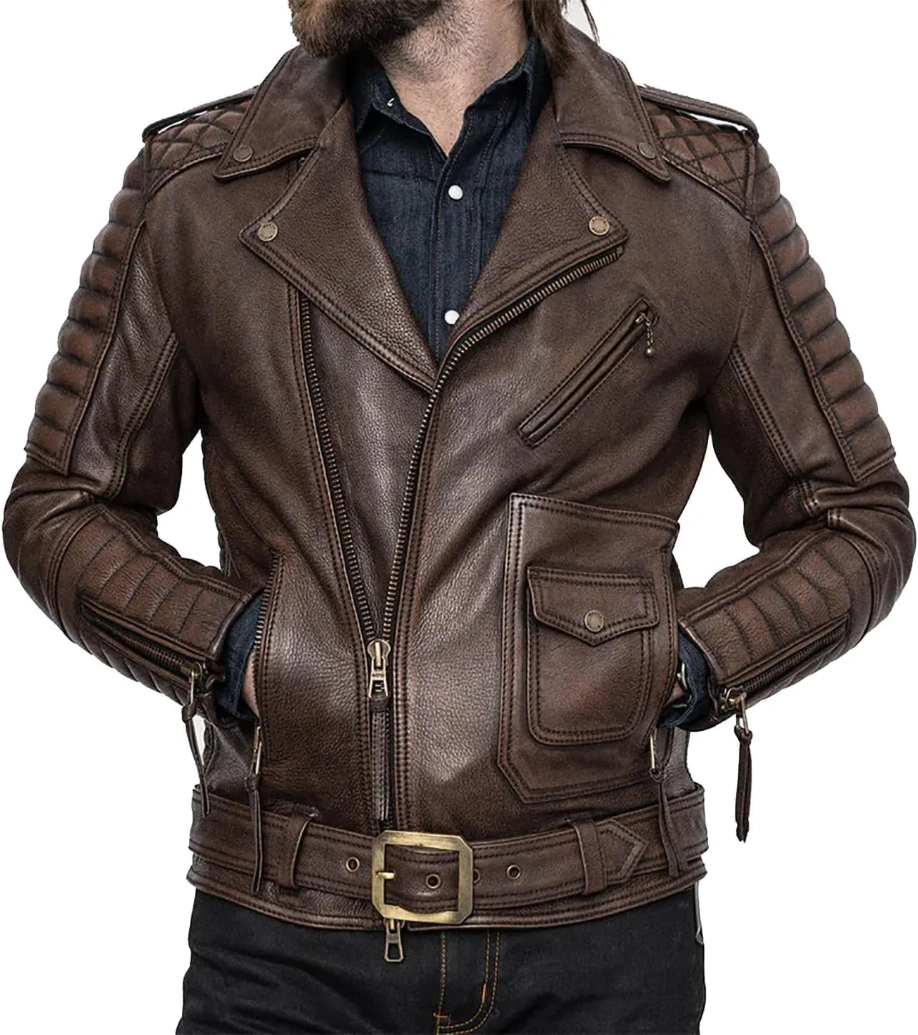 Isaac & David Chicago Real Lambskin Leather Biker Jacket Quilted Cafe Racer Zip Up Moto Vintage Motorcycle Jacket For Men