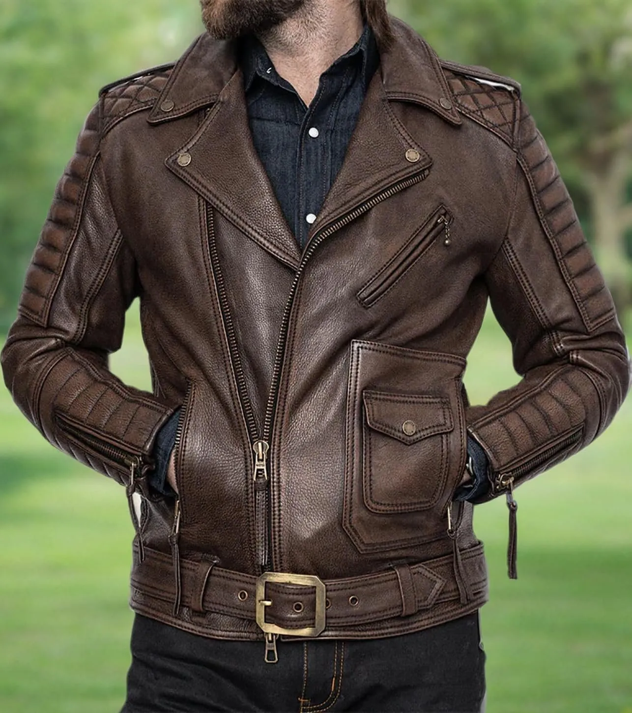 Isaac & David Chicago Real Lambskin Leather Biker Jacket Quilted Cafe Racer Zip Up Moto Vintage Motorcycle Jacket For Men