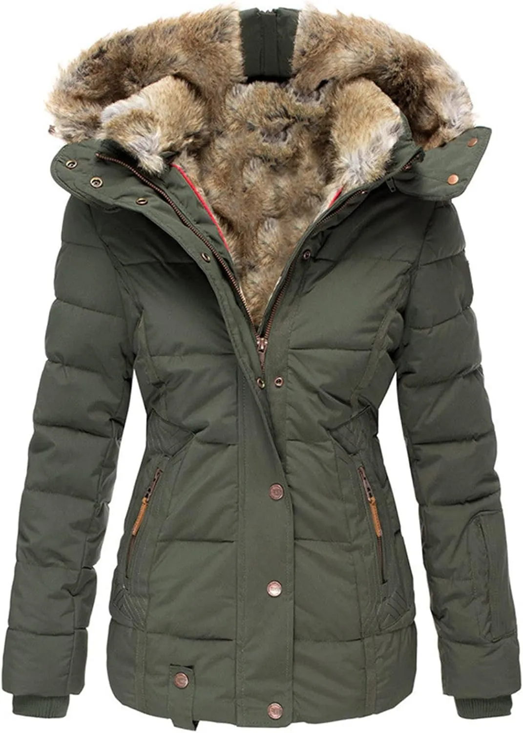 JEsilunmaMY Women's Winter Military Hooded Coats Long Sleeve Slim Fit Fleece Parkas Anoraks Warm Thicken Cotton Puffer Jacket