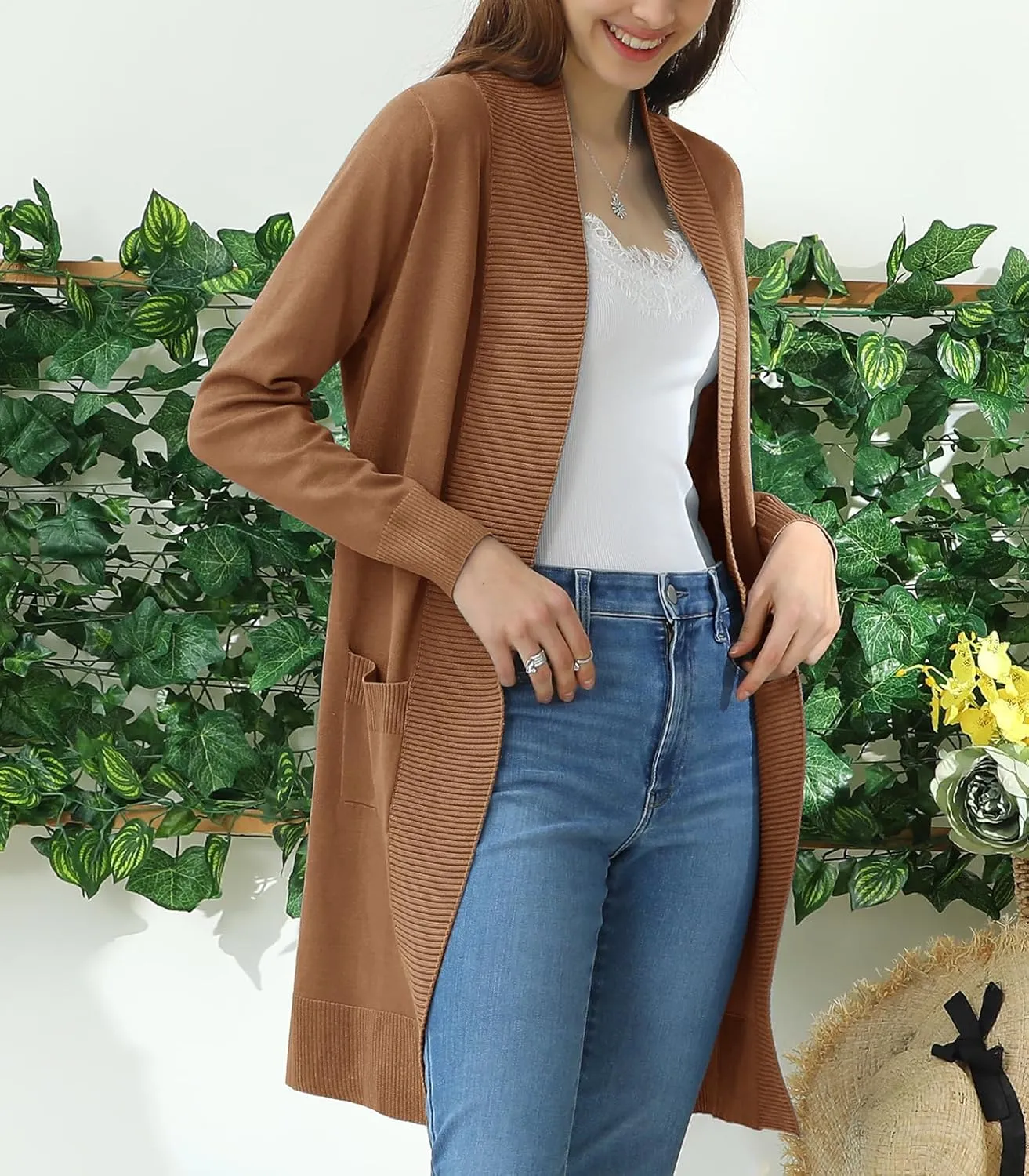 JJ Perfection Womens Casual Long Knit Cardigan Long Sleeve with Pockets Lightweight Open Front Sweater Jacket with Plus Size