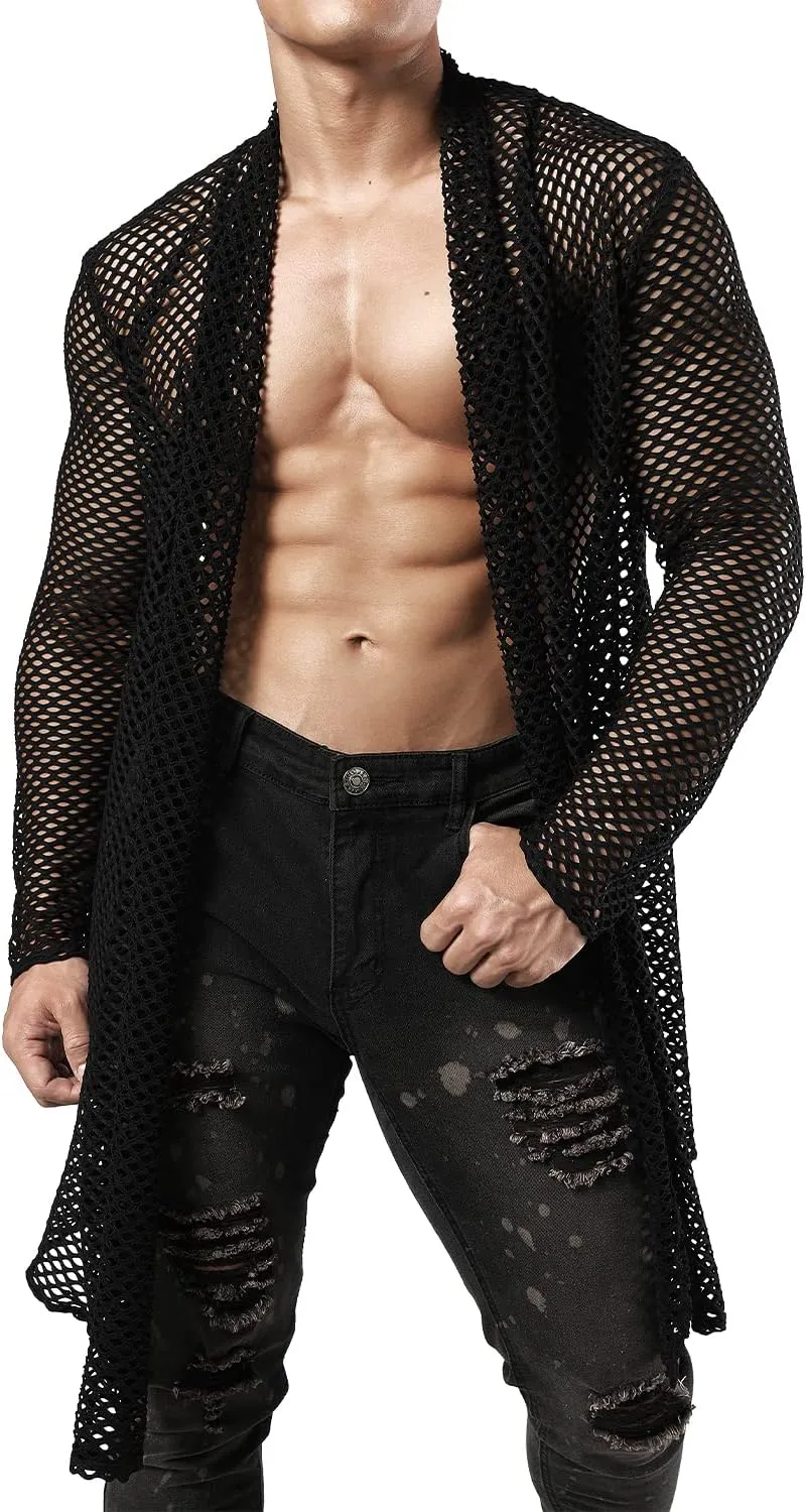 JOGAL Men's Mesh Fishnet Cardigan Fitted Muscle Top