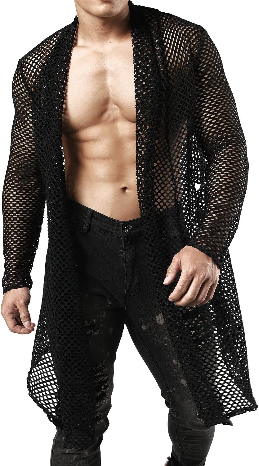 JOGAL Men's Mesh Fishnet Cardigan Fitted Muscle Top