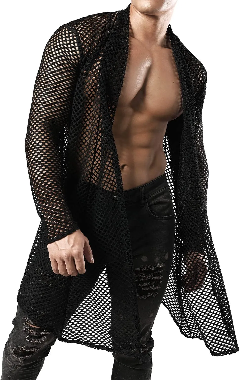 JOGAL Men's Mesh Fishnet Cardigan Fitted Muscle Top