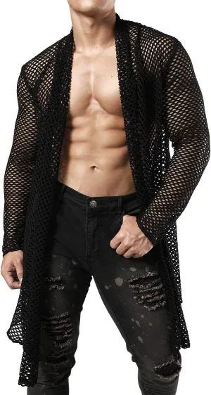 JOGAL Men's Mesh Fishnet Cardigan Fitted Muscle Top