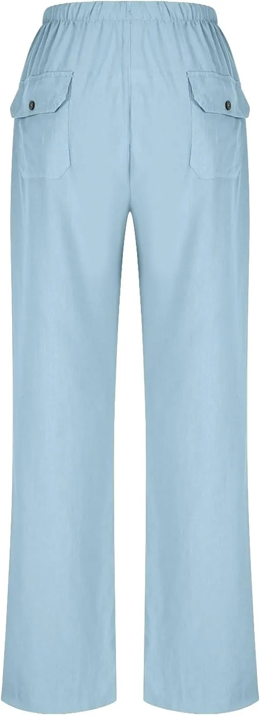 jsaierl Linen Wide Leg Pants for Women Palazzo Pants Summer Flowy Casual Trousers Loose Fit Drawstring Pants with Big Pockets