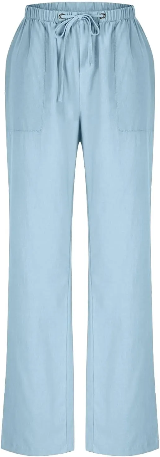 jsaierl Linen Wide Leg Pants for Women Palazzo Pants Summer Flowy Casual Trousers Loose Fit Drawstring Pants with Big Pockets