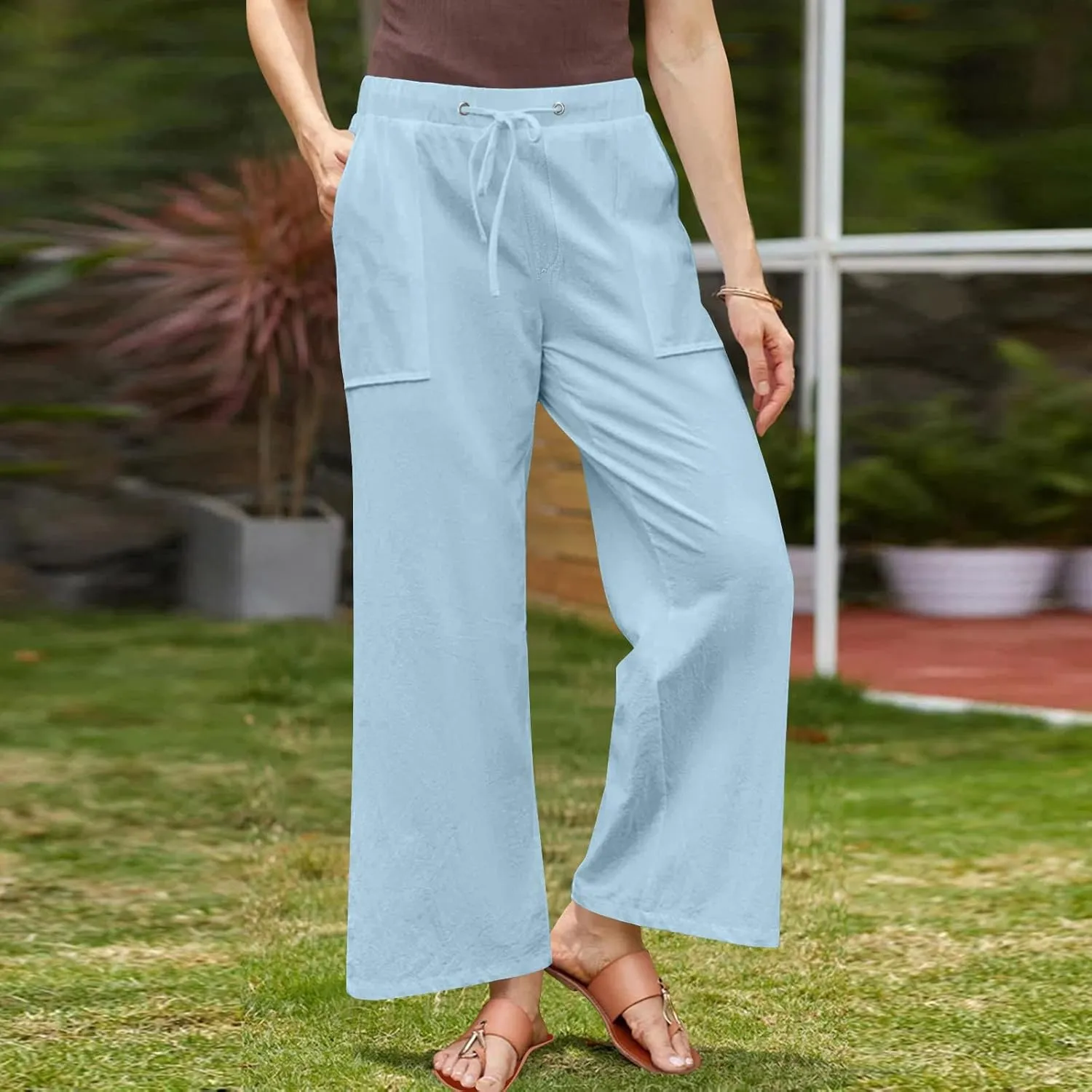 jsaierl Linen Wide Leg Pants for Women Palazzo Pants Summer Flowy Casual Trousers Loose Fit Drawstring Pants with Big Pockets