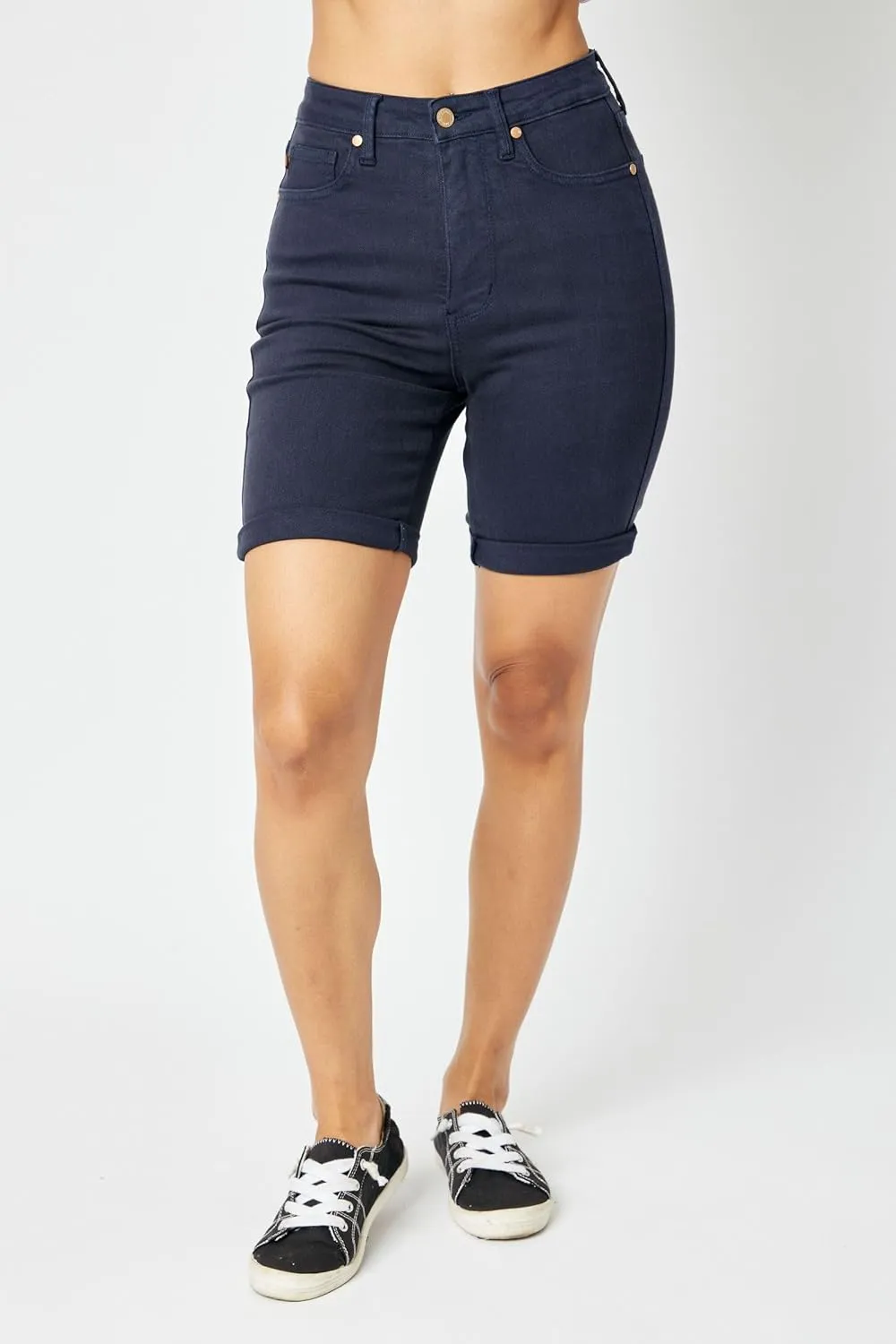Judy Blue High Waist Navy Garment Dyed Tummy Control Bermuda Shorts  Stretch Denim, Slimming Fit, 7.25" Inseam - 150270