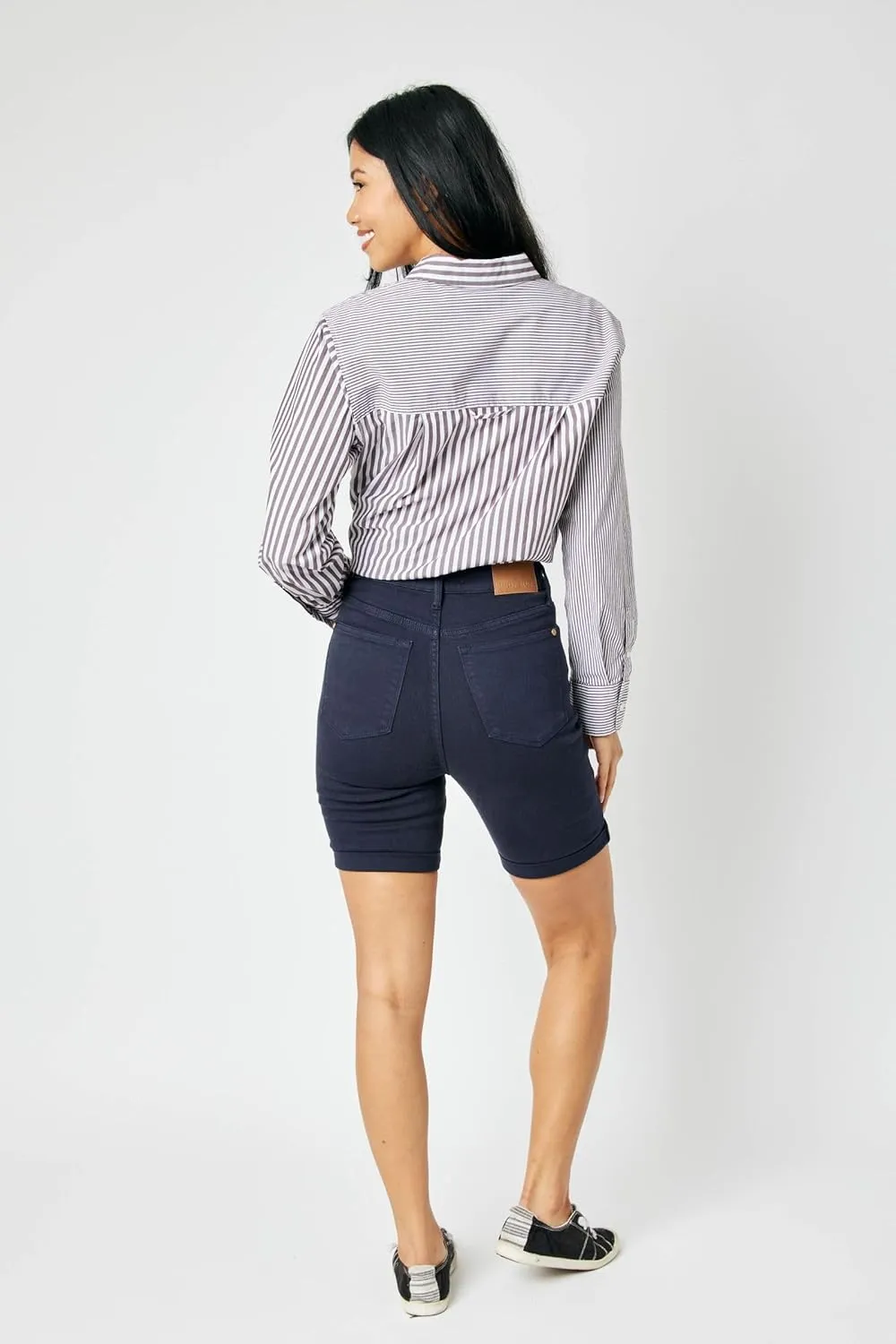 Judy Blue High Waist Navy Garment Dyed Tummy Control Bermuda Shorts  Stretch Denim, Slimming Fit, 7.25" Inseam - 150270