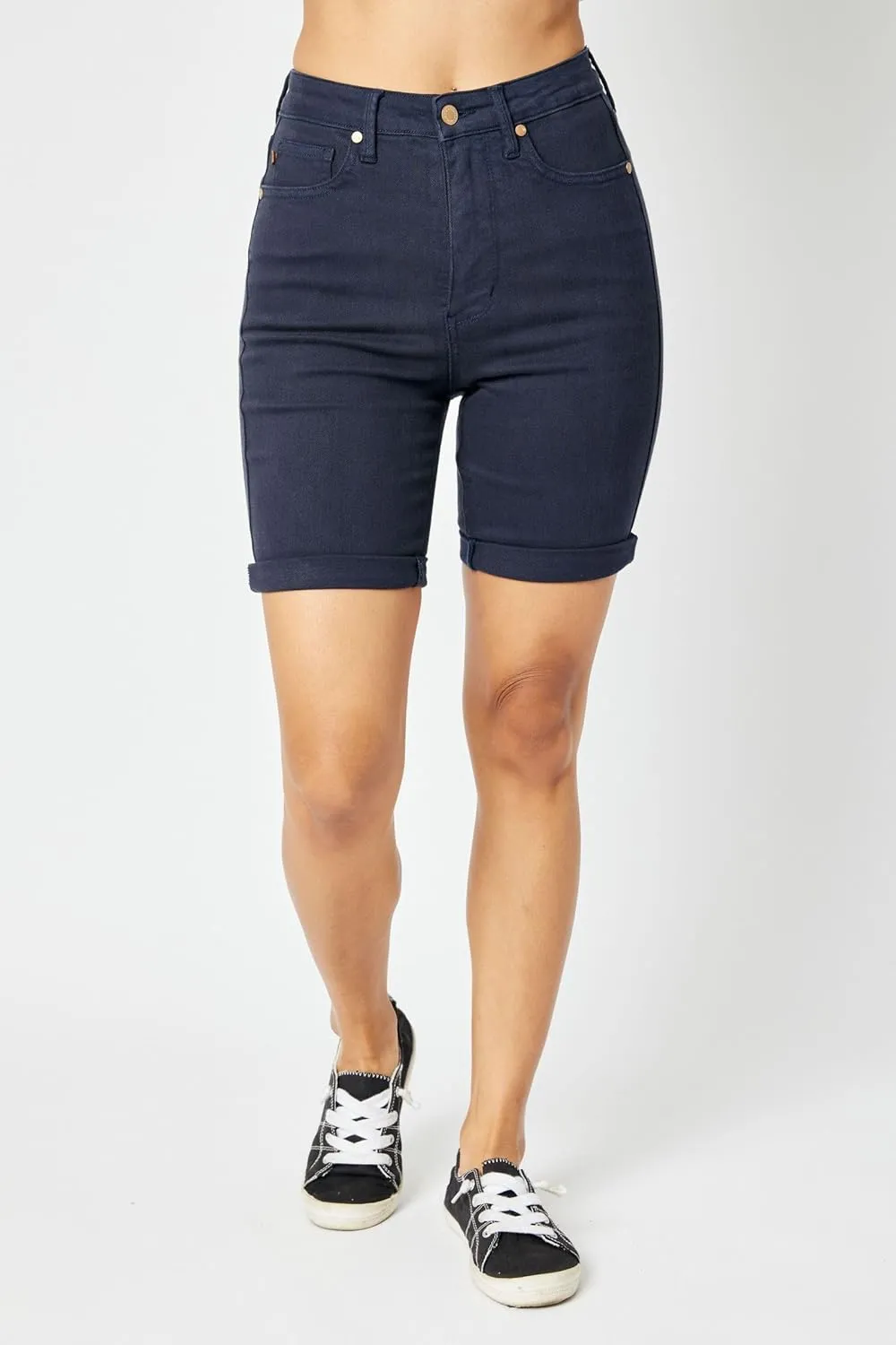 Judy Blue High Waist Navy Garment Dyed Tummy Control Bermuda Shorts  Stretch Denim, Slimming Fit, 7.25" Inseam - 150270