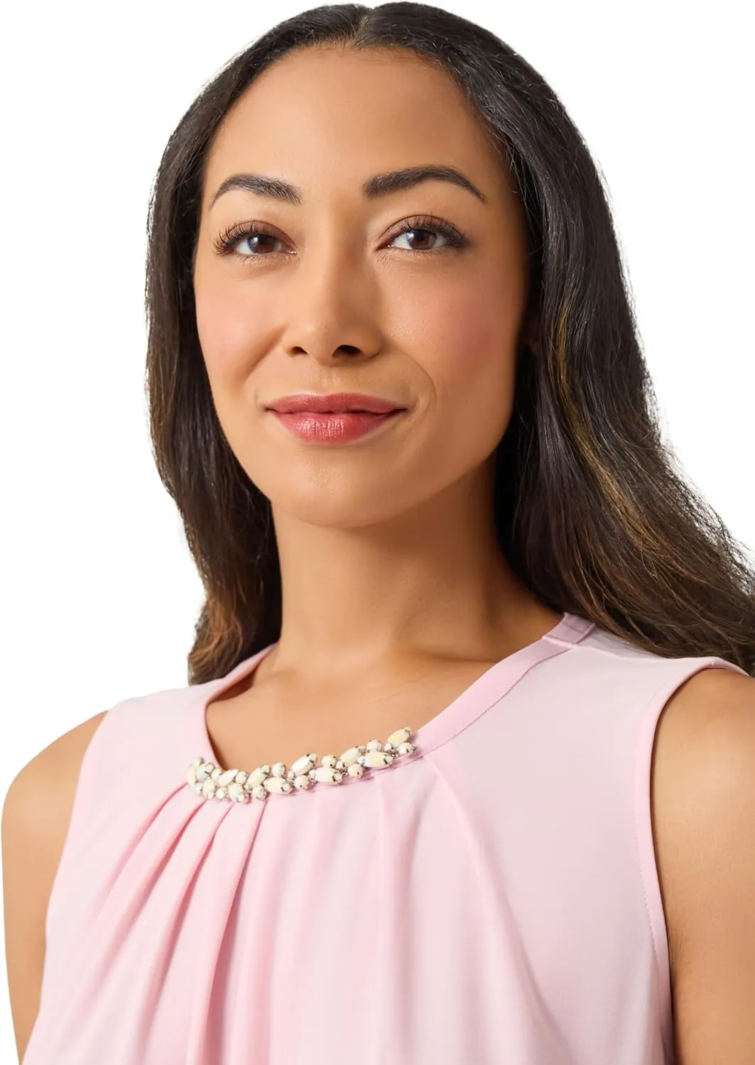 Kasper Women's Solid Ity Sl Jewel Pleat Nk Top