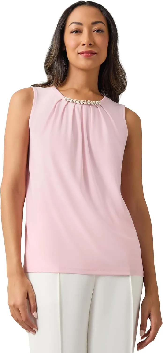 Kasper Women's Solid Ity Sl Jewel Pleat Nk Top