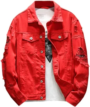 Kedera Distressed Denim Jacket Men's Button Down Denim Jacket Trucker Jean Coat