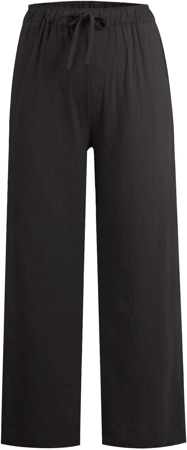 KIKX0DE Women's Fashion 2025 Linen Pants Summer Casual Wide Leg Loose Drawstring Trousers with Pockets