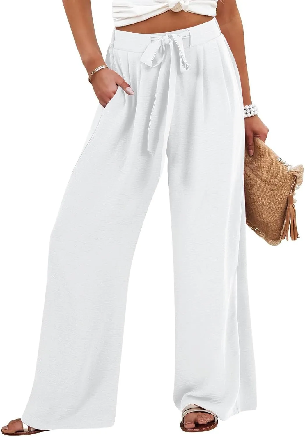Lastesso Palazzo Pants for Women Casual Linen Wide Leg Business Trousers with Pockets Belted Fold Pleated Lounge Outfits