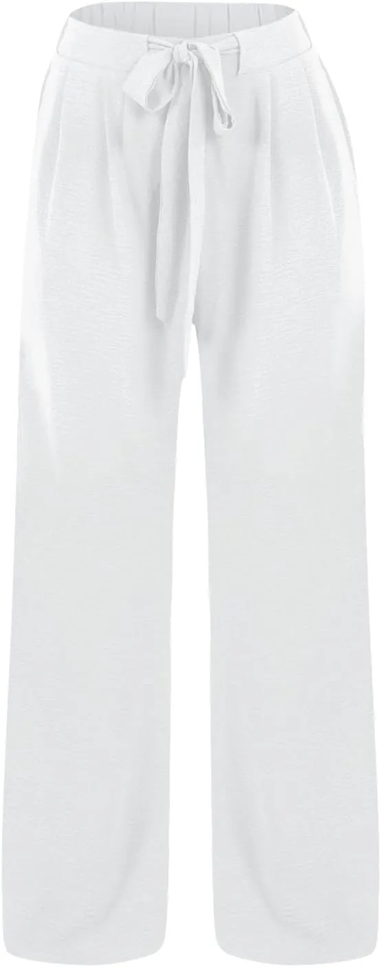 Lastesso Palazzo Pants for Women Casual Linen Wide Leg Business Trousers with Pockets Belted Fold Pleated Lounge Outfits