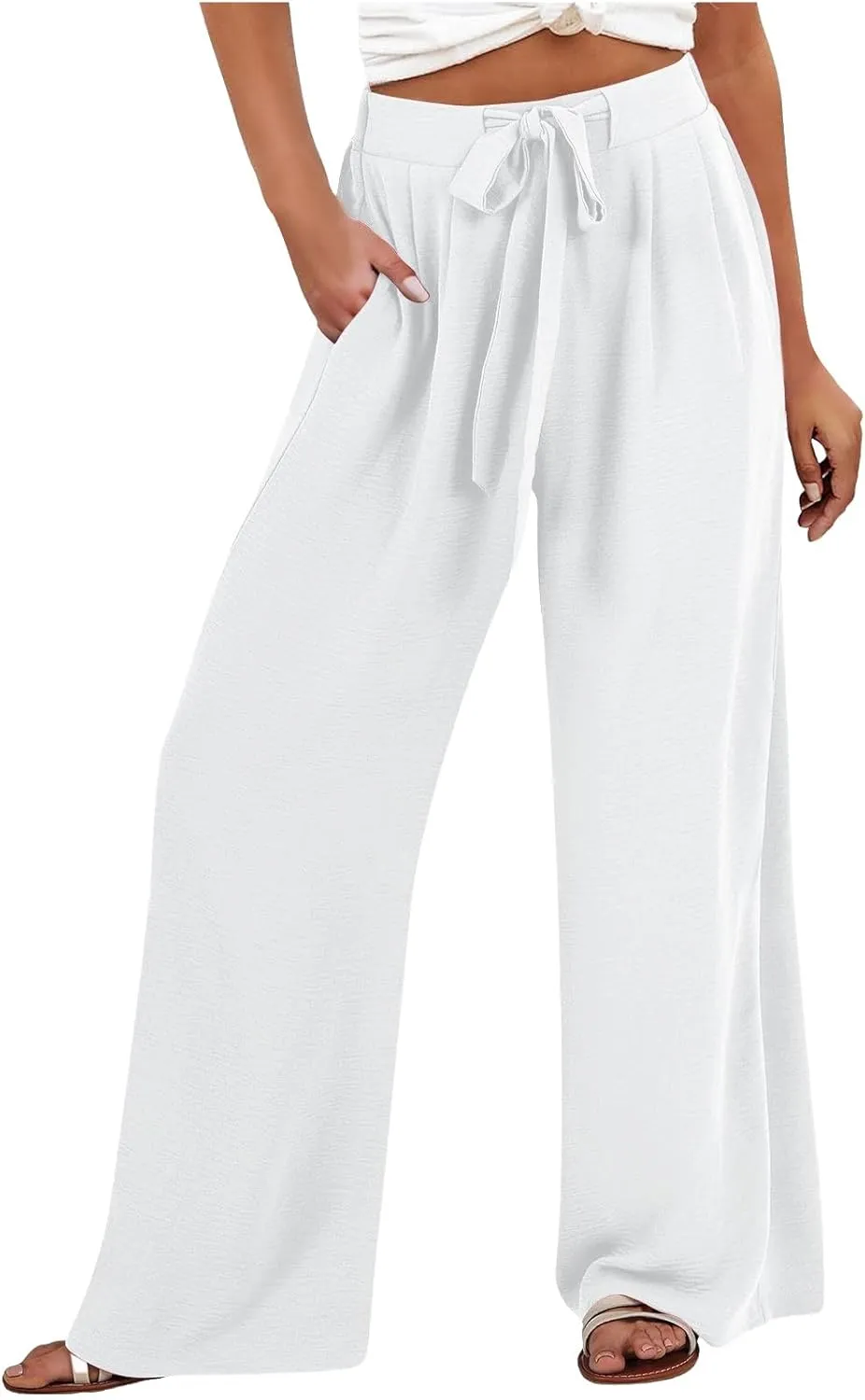 Lastesso Palazzo Pants for Women Casual Linen Wide Leg Business Trousers with Pockets Belted Fold Pleated Lounge Outfits