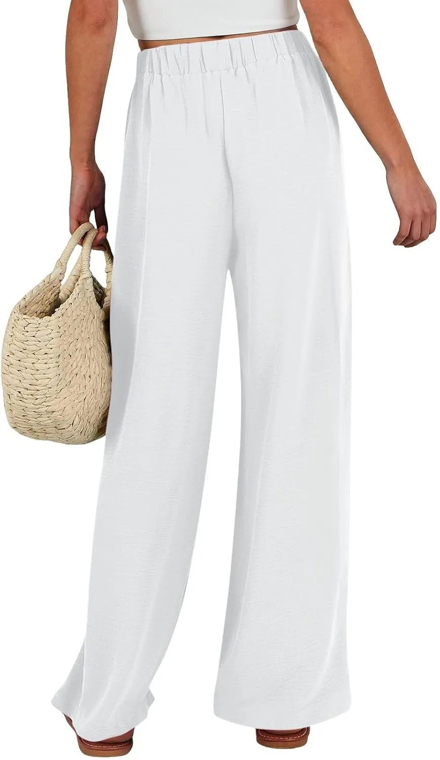 Lastesso Palazzo Pants for Women Casual Linen Wide Leg Business Trousers with Pockets Belted Fold Pleated Lounge Outfits
