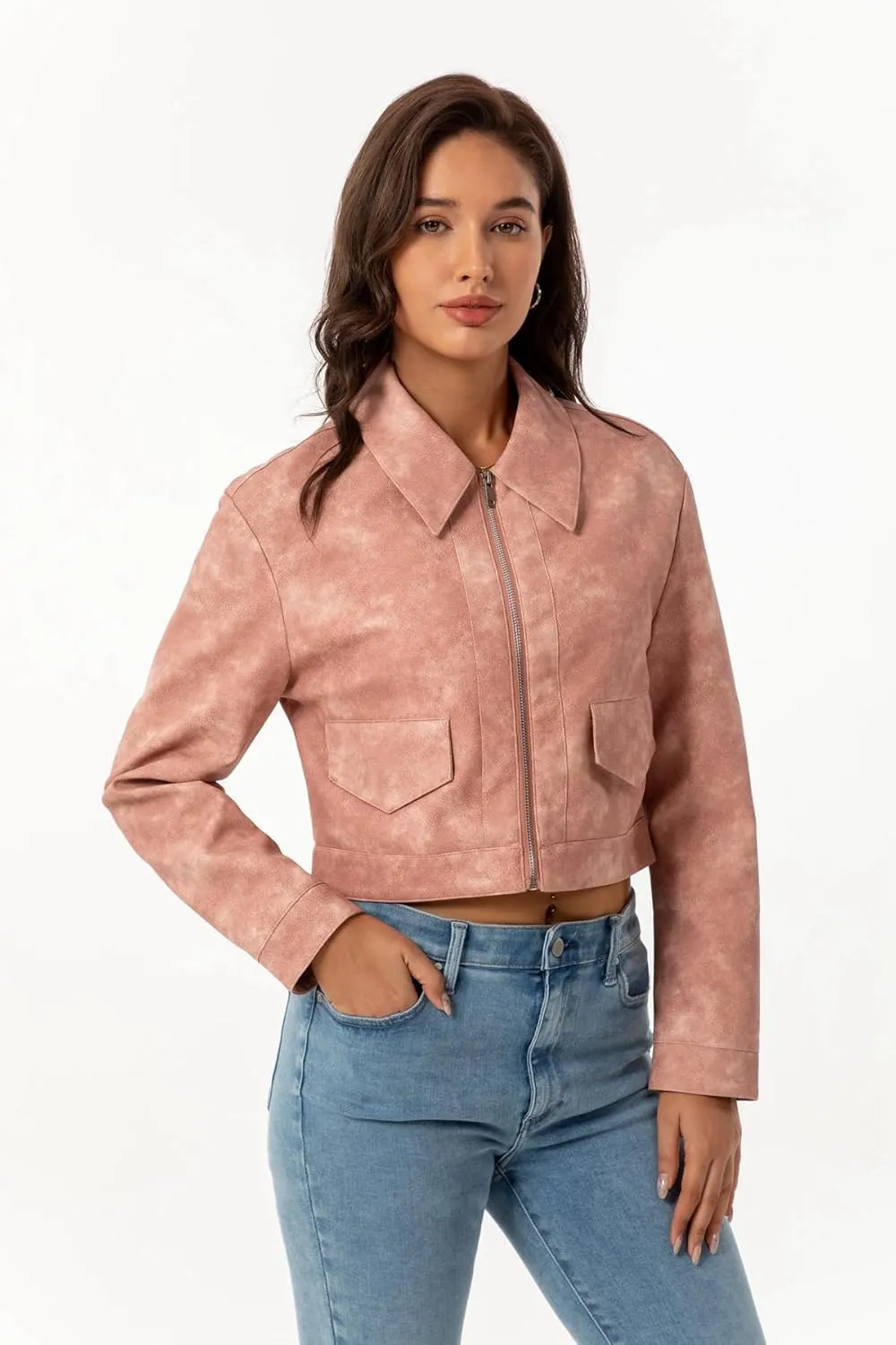 Leather Jacket Women Cropped 2024 Zipper Up Lapel Oversize Womens Bomber Jackets Lightweight
