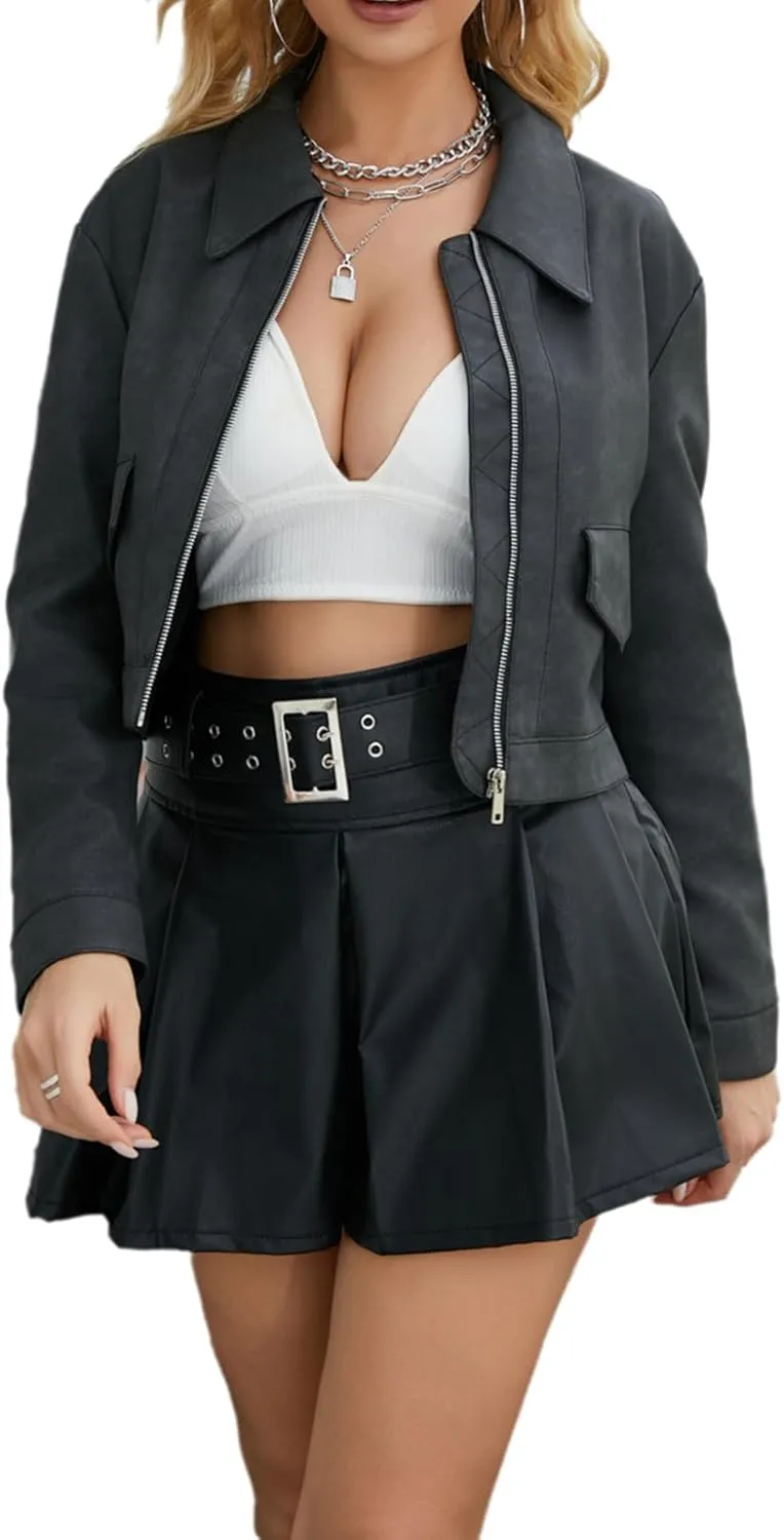 Leather Jacket Women Cropped 2024 Zipper Up Lapel Oversize Womens Bomber Jackets Lightweight