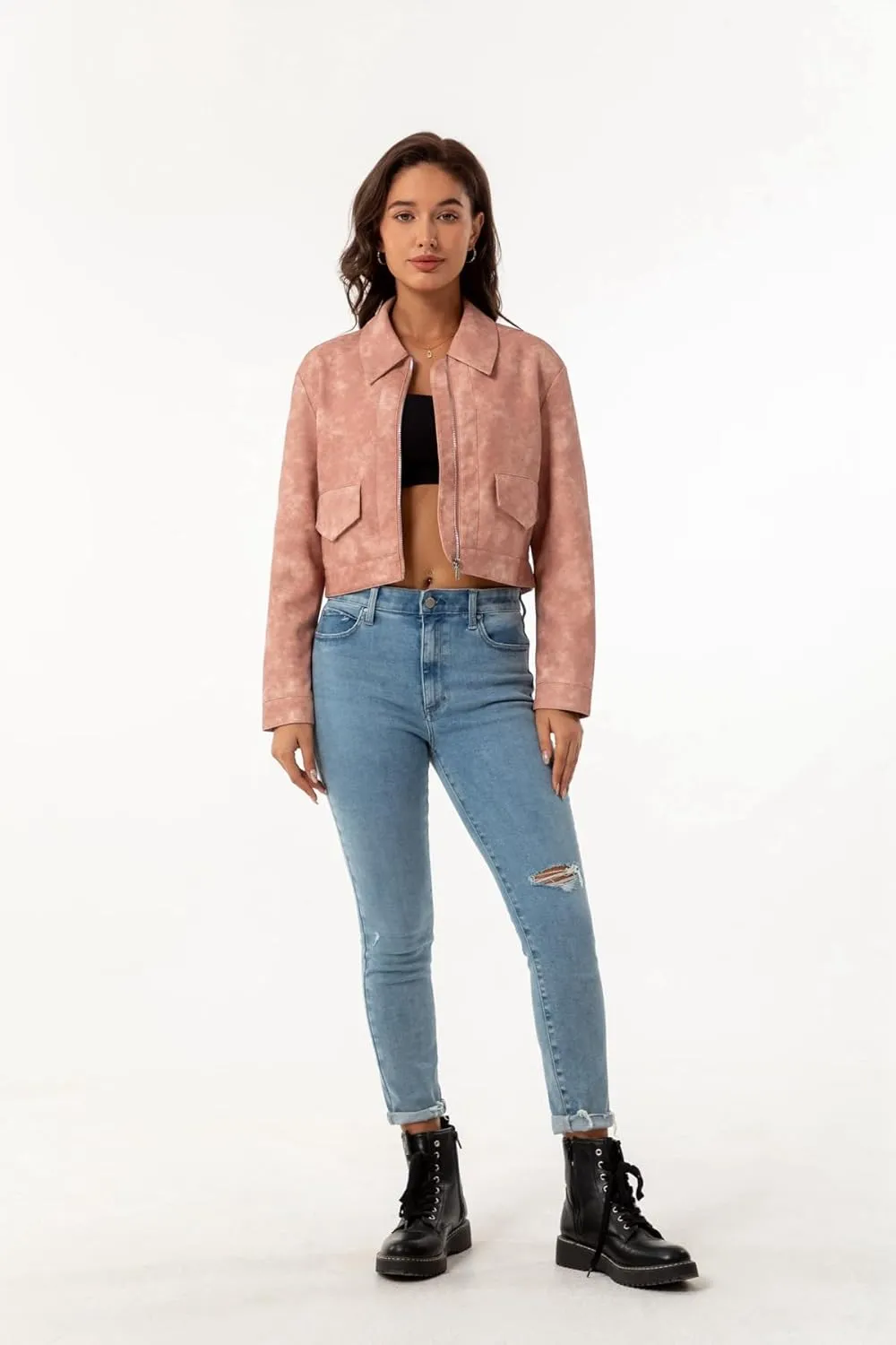 Leather Jacket Women Cropped 2024 Zipper Up Lapel Oversize Womens Bomber Jackets Lightweight