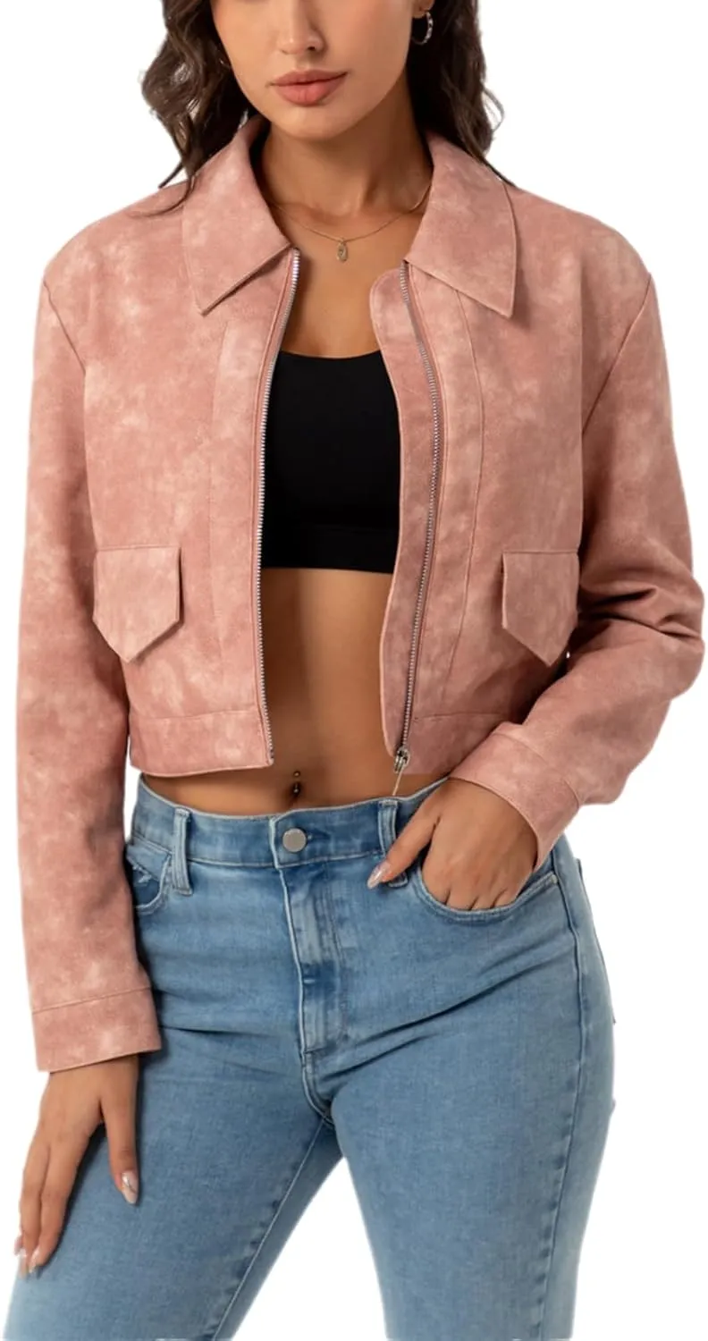 Leather Jacket Women Cropped 2024 Zipper Up Lapel Oversize Womens Bomber Jackets Lightweight