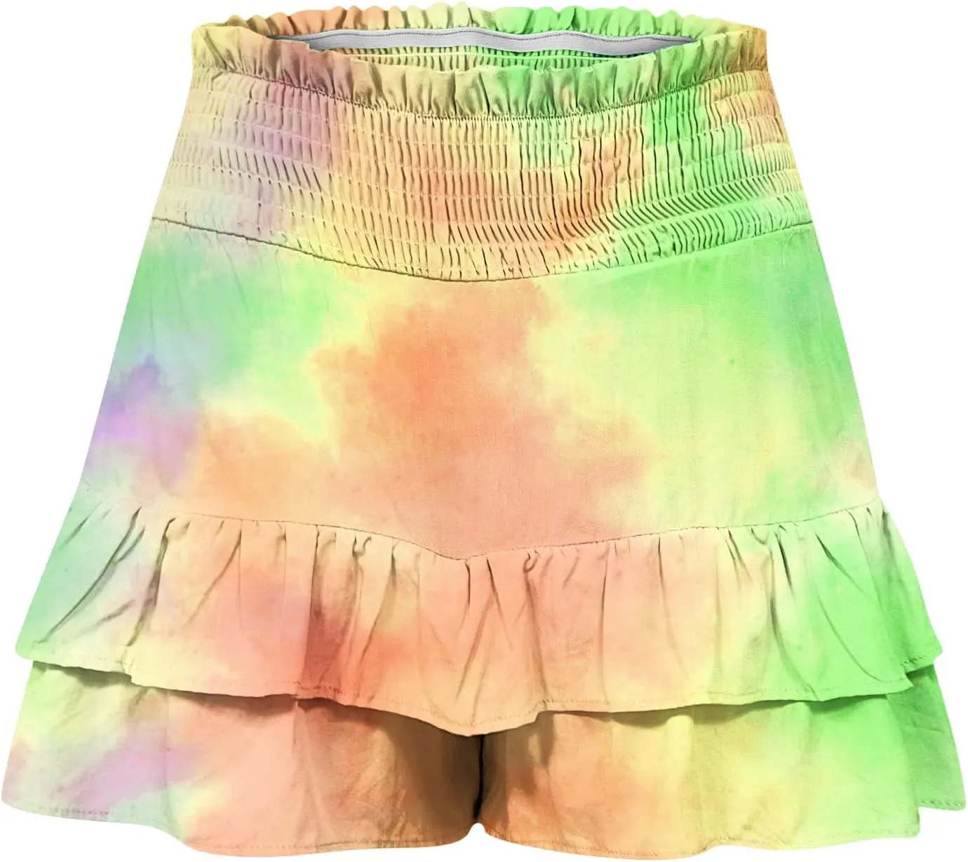 LEMONONSTORE Women's High Waist Ruffle Mini Skirt Cute Tiered Skorts Casual Summer Beach Flowy Retro Tiedye Skirt with Shorts