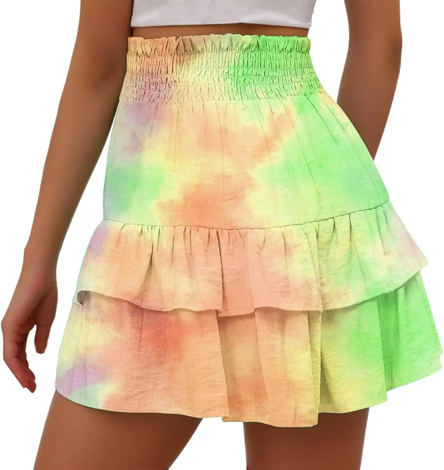 LEMONONSTORE Women's High Waist Ruffle Mini Skirt Cute Tiered Skorts Casual Summer Beach Flowy Retro Tiedye Skirt with Shorts