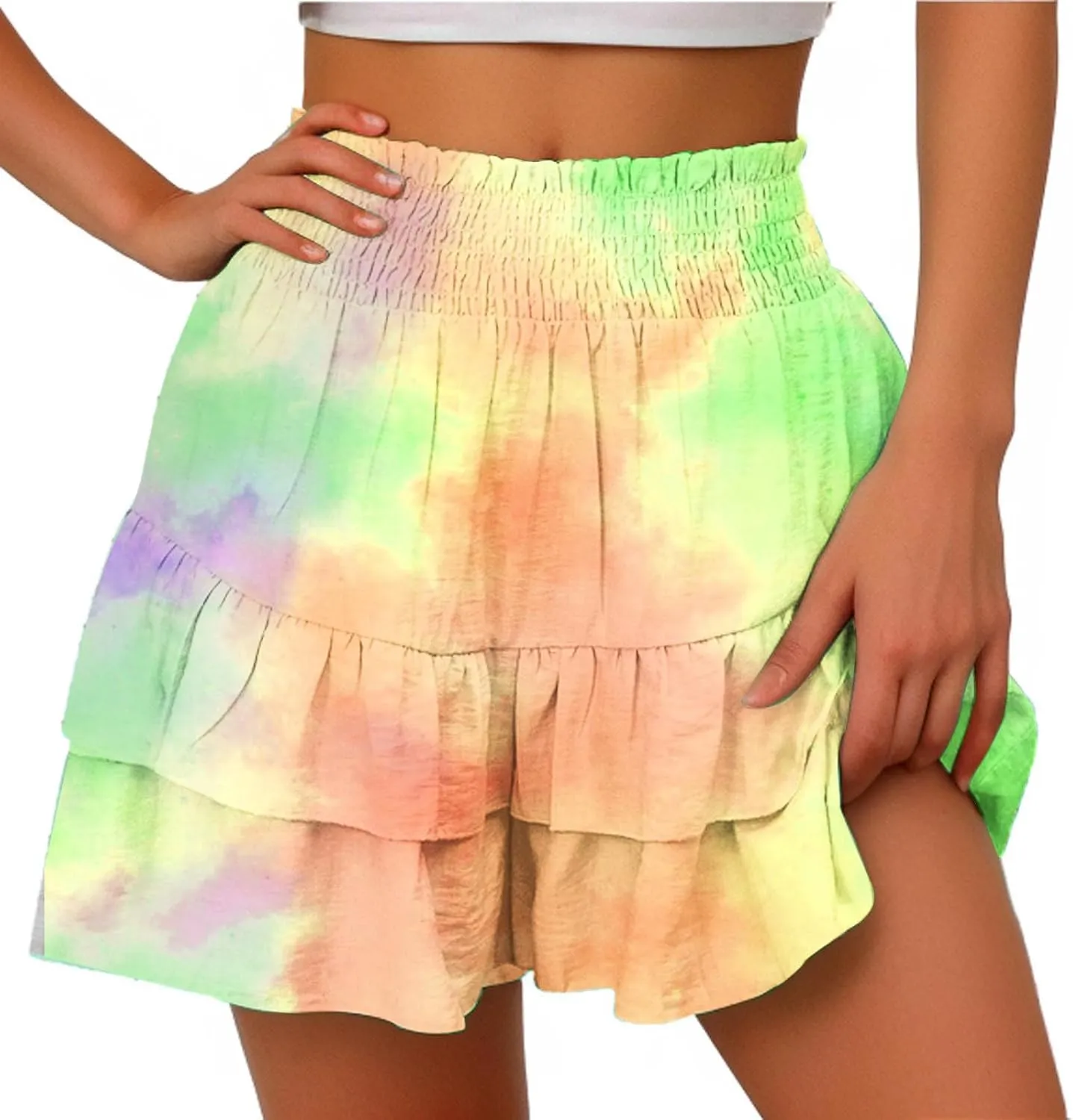 LEMONONSTORE Women's High Waist Ruffle Mini Skirt Cute Tiered Skorts Casual Summer Beach Flowy Retro Tiedye Skirt with Shorts