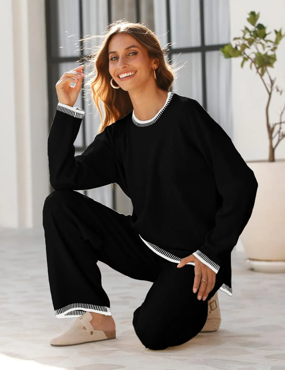 Lentta Women's 2 Piece Sweater Sets Outfits Long Sleeve Knit Pullover Tops Wide Leg Pants Lounge Sets Tracksuits