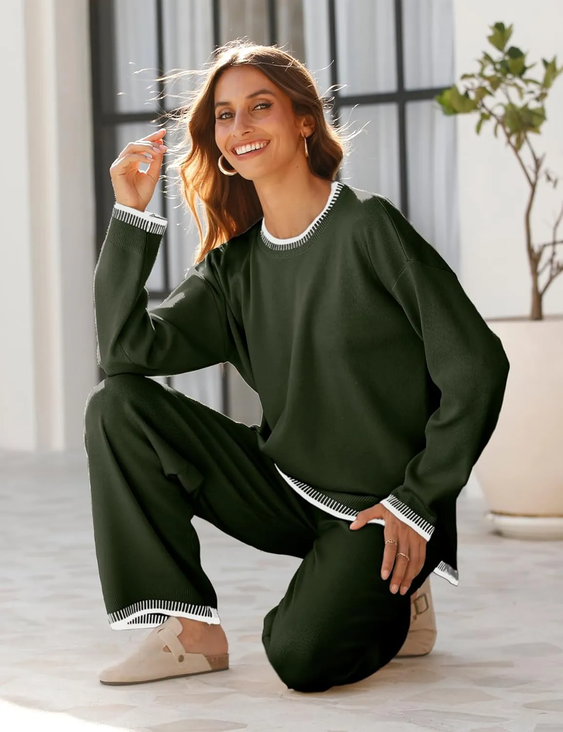 Lentta Women's 2 Piece Sweater Sets Outfits Long Sleeve Knit Pullover Tops Wide Leg Pants Lounge Sets Tracksuits