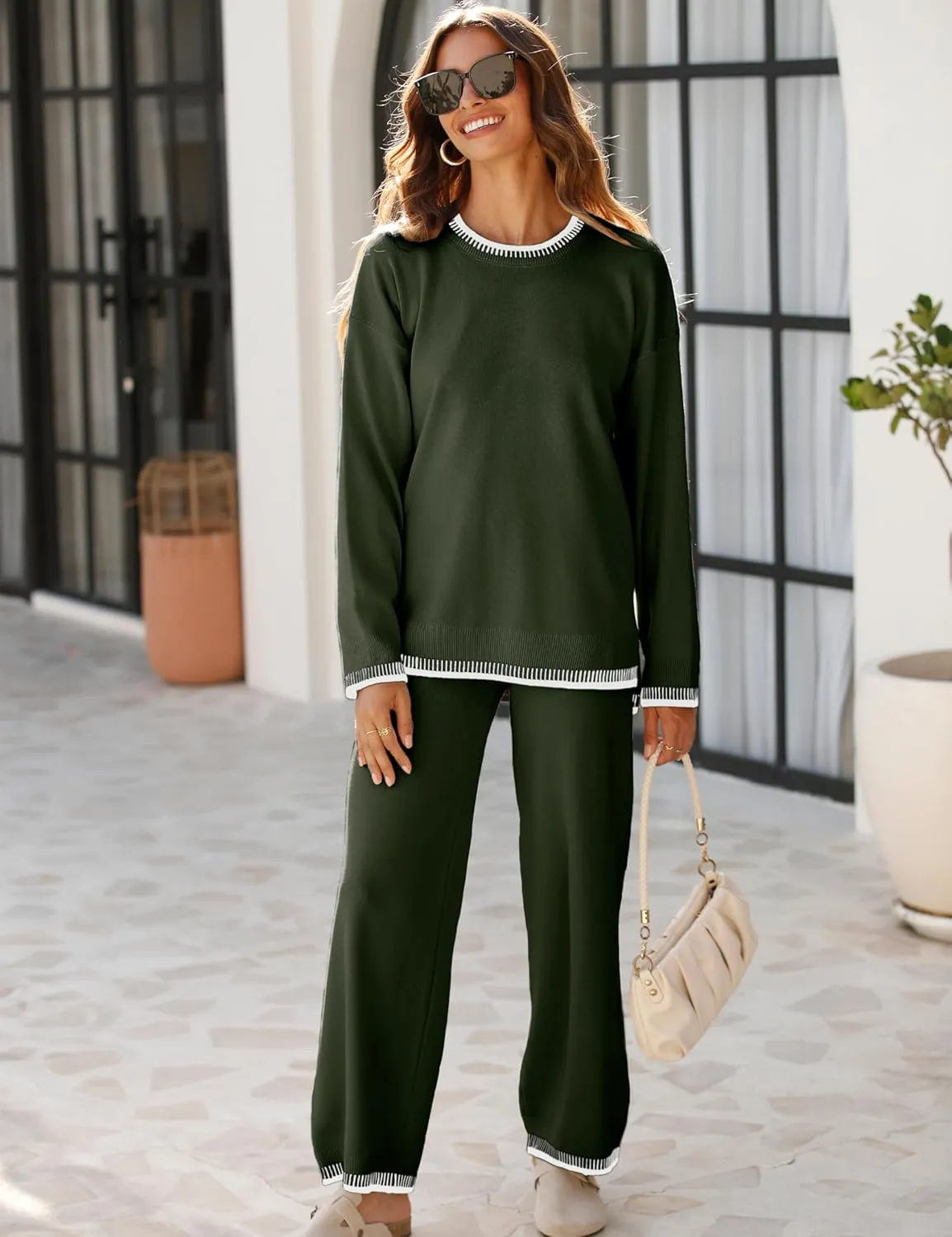 Lentta Women's 2 Piece Sweater Sets Outfits Long Sleeve Knit Pullover Tops Wide Leg Pants Lounge Sets Tracksuits