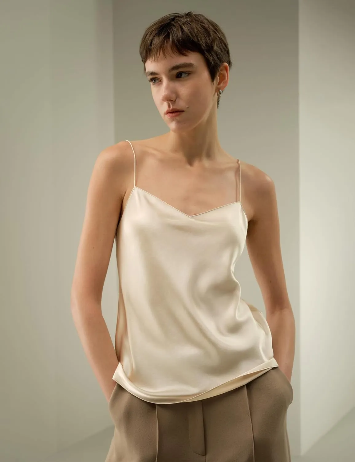 LilySilk Womens Pure Silk Minimal Cami Top Ladies Sleeveless Vest Tank Camisole with Square Cowl Neck and Spaghetti Straps