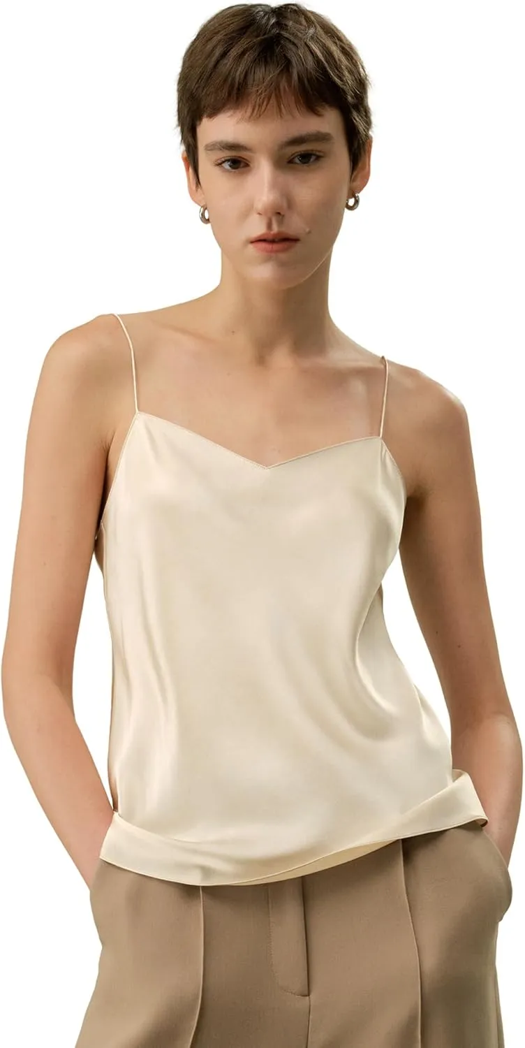 LilySilk Womens Pure Silk Minimal Cami Top Ladies Sleeveless Vest Tank Camisole with Square Cowl Neck and Spaghetti Straps