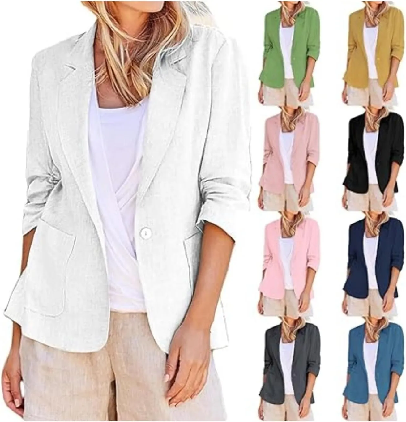 Linen Blazer for Women 3/4 Sleeve Cargdigan 2024 Fall Fashion Outfits Business Coats Work Office Suit Jackets with Pockets