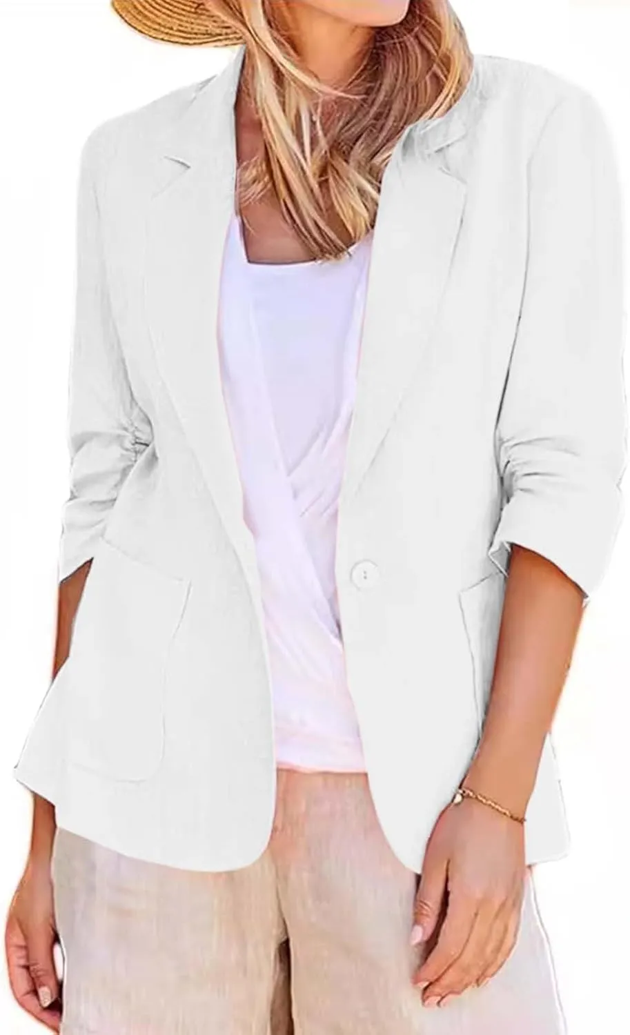 Linen Blazer for Women 3/4 Sleeve Cargdigan 2024 Fall Fashion Outfits Business Coats Work Office Suit Jackets with Pockets
