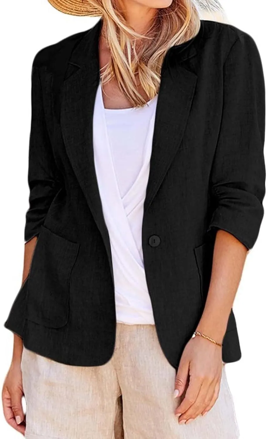 Linen Blazer for Women 3/4 Sleeve Cargdigan 2024 Fall Fashion Outfits Business Coats Work Office Suit Jackets with Pockets
