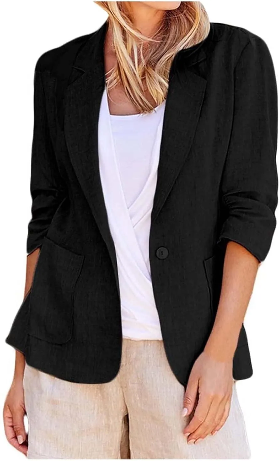 Linen Blazer for Women 3/4 Sleeve Cargdigan 2024 Fall Fashion Outfits Business Coats Work Office Suit Jackets with Pockets